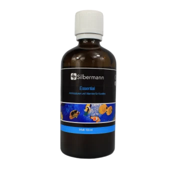 Flasche von Silbermann Essential, einem Korallenpräparat mit Aminosäuren und Vitaminen, auf Deutsch beschriftet, 100 ml Inhalt.