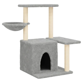 Grauer Katzenbaum mit mehreren Ebenen, einem gemütlichen Versteck und einer hängenden Schüssel, entworfen für das Spielen und Entspannen von Katzen.