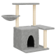 Grauer Katzenbaum mit mehreren Ebenen, einem gemütlichen Versteck und einer hängenden Schüssel, entworfen für das Spielen und Entspannen von Katzen.