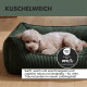 Orthopädisches Hundebett mit Memory Foam-Technologie, in grünen und blauen Farben, Hund sitzt auf der Matratze. Text: "Orthopädische Unterstützung".