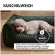 Orthopädisches Hundebett mit Memory Foam-Technologie, in grünen und blauen Farben, Hund sitzt auf der Matratze. Text: "Orthopädische Unterstützung".