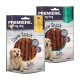 Zwei 200g-Packungen von PREMIERE Kausnacks für Hunde, mit einem Golden Retriever. Geschmäcker: Huhn und Ente.