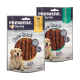 Zwei 200g-Packungen von PREMIERE Kausnacks für Hunde, mit einem Golden Retriever. Geschmäcker: Huhn und Ente.