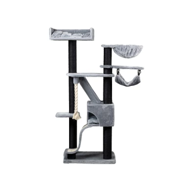 Grauer mehrstöckiger Katzenbaum mit Plattformen, einer Hängematte, Kratzpfosten und einem Seilspielzeug.