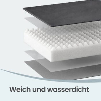 Geschichteter Schaumstoff für Haustierbett (Eierkarton-Schaumstoff, wasserdichte obere Schicht) mit deutschem Text „Weich und wasserdicht“.