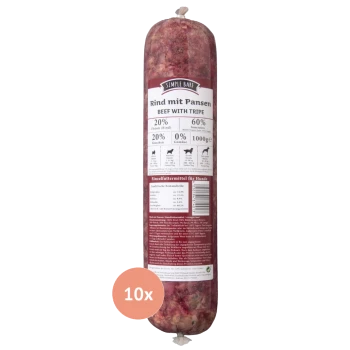 Rindfleisch mit Kutteln Hundefutterrolle, beschriftet "Simple Bark," zeigt 20% Fleisch, 60% Innereien und 0% Gemüse; 1000g Größe, 10x Packung.