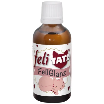 Flasche FeliTatz FellGlanz, ein Haustierpflegeprodukt, mit einer niedlichen Katzenillustration und Herzen auf dem Etikett.
