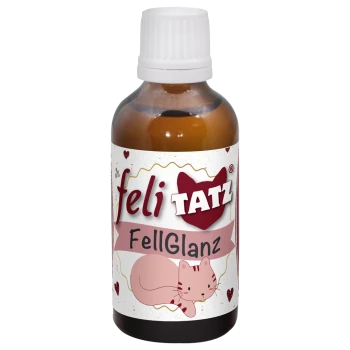 Flasche FeliTatz FellGlanz, ein Haustierpflegeprodukt, mit einer niedlichen Katzenillustration und Herzen auf dem Etikett.