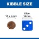Image comparing kibble size to a blue dice, with kibble dimensions labeled as 10 x 4mm and dice as 16mm.