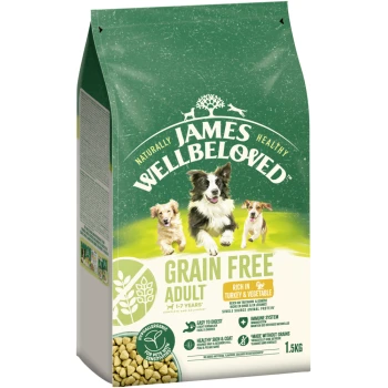 James Wellbeloved Getreidefreies Adult Hundefutter, reich an Truthahn & Gemüse, hypoallergen, 1,5 kg Beutel.