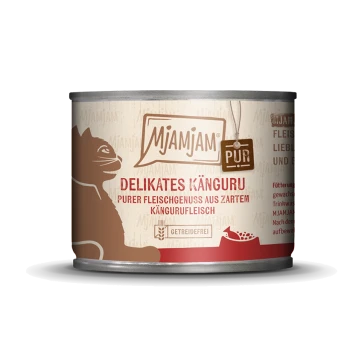 Mjamjam kattenvoerblik met een silhouet van een kat, gelabeld 'Delikates Känguru' met 'purer Fleischgenuss aus zartem Kängurufleisch.'