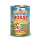 Dose mit Happy Jacky Premium-Hundefutter, beschriftet mit "Horse Power", mit einem Cartoon-Pferd und Zutaten: Pferdefleisch, Süßkartoffel, Birne und Petersilie.