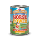 Dose mit Happy Jacky Premium-Hundefutter, beschriftet mit "Horse Power", mit einem Cartoon-Pferd und Zutaten: Pferdefleisch, Süßkartoffel, Birne und Petersilie.