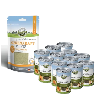BELLFOR Nierenkraft Pulver und 12 Dosen Landgut-Menü Insekten-Hundefutter mit grünem und blauem Design.