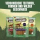 Die Verpackung der Purina Adventuros Hundeleckerlis zeigt Nuggets, Streifen und Sticks in Wildschwein- und Hirschgeschmack. Text: "Verschiedene Texturen" und "Fettarm."
