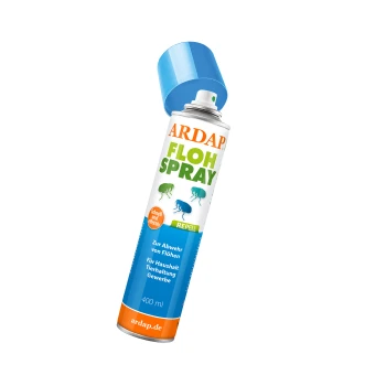 Eine Dose ARDAP Flohspray, 400 ml, mit einem blauen Deckel, mit Text auf Deutsch: 'Zur Abwehr von Flöhen' und 'Für Haushalt Tierhaltung Gewerbe.'