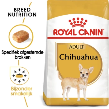 Royal Canin Adult Chihuahua hondenvoer zak met een kleine Chihuahua-illustratie, met tekst die de voeding en smaakbaarheid voor het ras benadrukt.