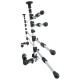 Verstellbarer Haustierpflege-Ständer mit mehreren Armen zum Halten von Pflegewerkzeugen, mit einem stabilen Sockel und einem schwarz-silbernen Design.
