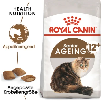 Royal Canin Senior Ageing 12+ Katzenfutterbeutel mit einer flauschigen Katze, mit Text, der gesunde Ernährung und Appetitregulation hervorhebt.