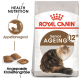 Royal Canin Senior Ageing 12+ Katzenfutterbeutel mit einer flauschigen Katze, mit Text, der gesunde Ernährung und Appetitregulation hervorhebt.