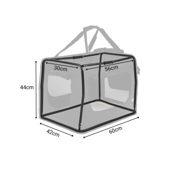Schwarzer rohrförmiger Trägerrahmen mit Netzseiten, mit Maßangaben: 30cm, 56cm, 44cm, 42cm, 60cm.