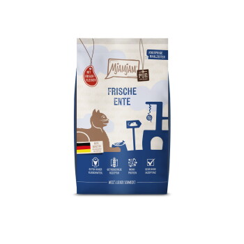 Blau-beiger Mjamjam-Katzenfutterbeutel mit der Aufschrift 'Frische Ente', Katzensilhouette, Spielzeug und rotem 'Mit Frischfleisch'-Anhänger.