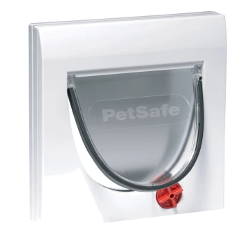 PetSafe Haustiertür mit einer klaren Klappe und einem roten Verriegelungsmechanismus, entworfen für einen einfachen Zugang für Haustiere.