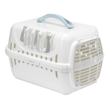 Transporteur pour animaux blanc avec une poignée bleu clair, présentant un design de chats joueurs sur le côté et un devant ventilé.