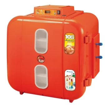 Oranger digitaler Inkubator mit einer Kapazität von 108 Eiern, mit einem Bedienfeld oben und zwei Sichtfenstern an der Vorderseite.