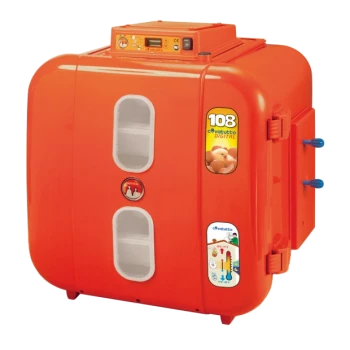 Oranger digitaler Inkubator mit einer Kapazität von 108 Eiern, mit einem Bedienfeld oben und zwei Sichtfenstern an der Vorderseite.