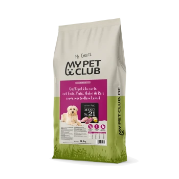 Hundefutterbeutel mit der Aufschrift "My Pet Club" mit "Geflügel à la carte mit Ente, Pute, Huhn & Reis" für Erwachsene, 14,5 kg.