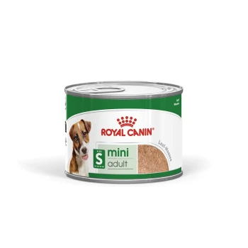 Royal Canin Mini Adult Hundefutterdose, mit einer braunen Laibtextur, mit einem kleinen Hundebild und dem Text "Größe S" für Hunde bis 10 kg.