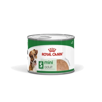 Royal Canin Mini Adult dog food can, featuring a brown loaf texture, with a small dog image and text indicating "Size S" for dogs up to 10 kg.