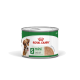 Puszka karmy dla psów Royal Canin Mini Adult, z brązową teksturą bochenka, z obrazkiem małego psa i napisem "Rozmiar S" dla psów do 10 kg.