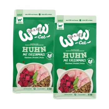 Twee zakken van 2 kg WOW-Cat droogvoer, "Kip met kattenkruid," met labels "84% Vlees" en "Graanvrij," met afbeeldingen van vlees en brokjes.