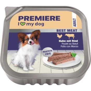 PREMIERE "I ♥ my dog" adult wet food label with Papillon dog, plate of pate, text "BEST MEAT" and "Huhn mit Rind"