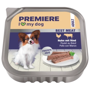 PREMIERE "I ♥ my dog" adult wet food label with Papillon dog, plate of pate, text "BEST MEAT" and "Huhn mit Rind"