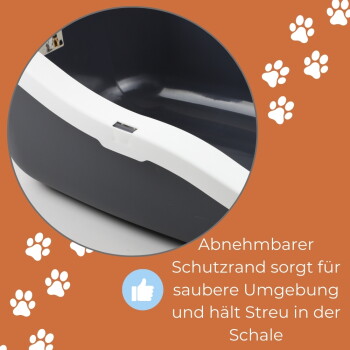 Dunkelgraue Katzentoilette mit abnehmbarem weißem Rand, Pfotenmotiv und deutschem Text 'Abnehmbarer Schutzrand…'