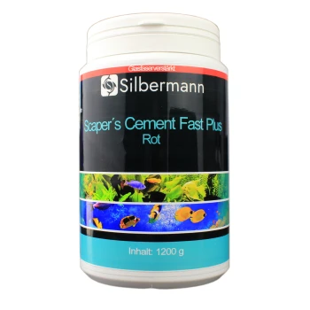 Behälter mit Silbermann Scaper's Cement Fast Plus in Rot, 1200 g, mit bunten Fischen und Wasserpflanzen auf dem Etikett.