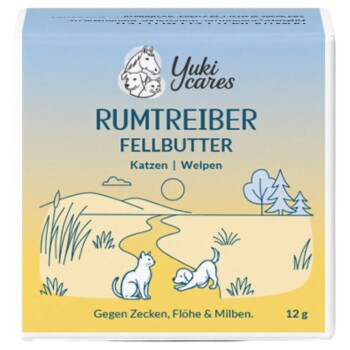 Yuki cares Fellbutter, ein pfotenförmiges Pflegeprodukt für Haustiere, mit Verpackung, die besagt "Für Katzen & Welpen und empfindliche Hunde."