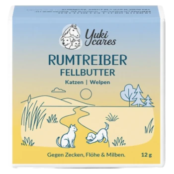 Yuki cares Fellbutter, ein pfotenförmiges Pflegeprodukt für Haustiere, mit Verpackung, die besagt "Für Katzen & Welpen und empfindliche Hunde."