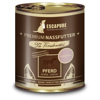 Dose Escapure Premium Nassfutter für Hunde, mit 91% Fleischanteil, gekennzeichnet mit "Pferd" und als "sensibel" markiert.