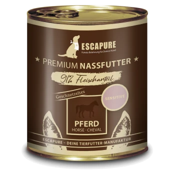 Dose Escapure Premium Nassfutter für Hunde, mit 91% Fleischanteil, gekennzeichnet mit "Pferd" und als "sensibel" markiert.