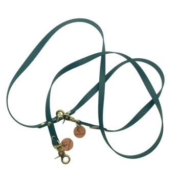 Türkise Haustierleine mit goldenen Beschlägen und zwei Clips, mit Anhängern, die "WILDFANG" lesen.