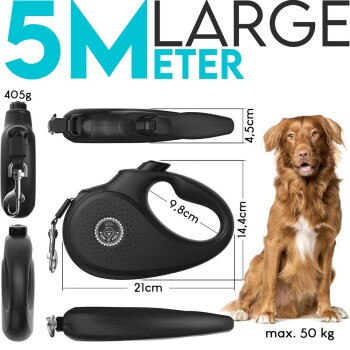 Schwarze, einziehbare Hundeleine, 5 Meter lang, geeignet für Hunde bis 50 kg, mit angezeigten Abmessungen und Gewicht (405g).