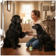 Frau kniet zwischen zwei schwarzen Hunden, hält die Pfote eines Hundes; grüne Haustierprodukt-Flasche auf dem Boden mit weißen Hundesymbolen