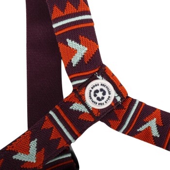 Buntes Hundegeschirr mit einer lila Basis und orange- und türkisfarbenen Pfeilmustern, beschriftet mit "Caring for Dogs Recycled."