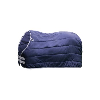 Dunkelblaues Haustierdecke mit einem gesteppten Design, mit weißem Rand und verstellbaren Riemen an der Seite.