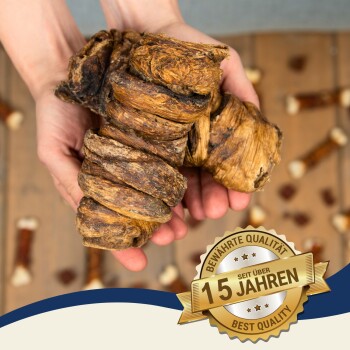 Eine Person hält einen großen, verdrehten Hundekauartikel mit einem goldenen "Best Quality"-Abzeichen und einem "15 Jahre"-Label auf Deutsch.