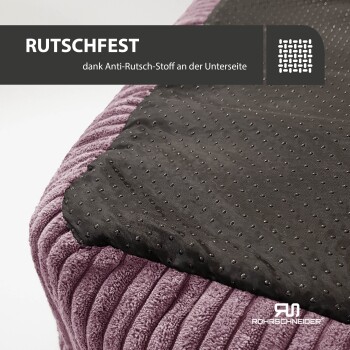 Lila Haustierbett mit strukturierter Oberfläche und schwarzem rutschfestem Unterboden, mit dem Text 'RUTSCHFEST' und Markenlogo.